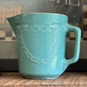 Antique Blue Pottery Pitcher Jug with Chain Link Motif Design
